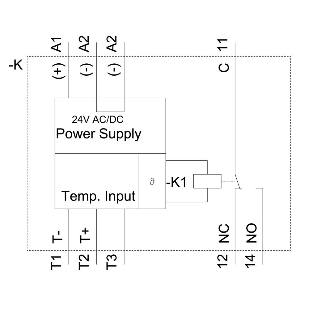 Schema voor bekabeling van een 24V AC/DC voeding met temperatuuringang 'Temp. Input', twee uitgangen 'T1-', 'T2+', 'T3+' en een relais 'K1'.