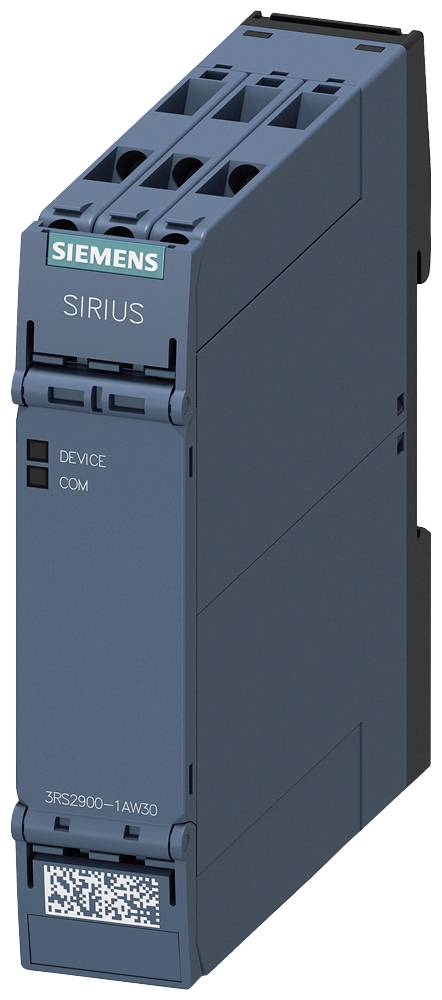 Industrieel onderdeel 'SIEMENS SIRIUS', donkere behuizing, met labels 'DEVICE' en 'COM'. Onderaan is een QR-code zichtbaar.