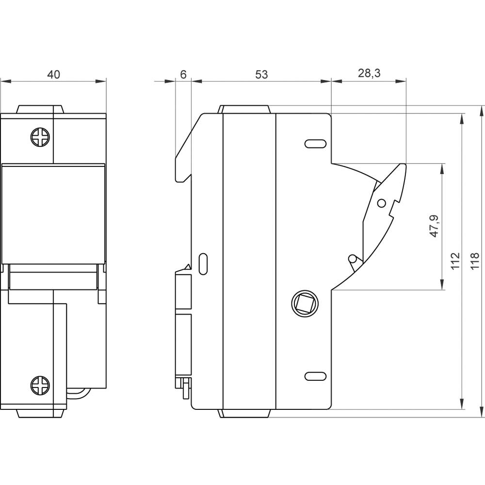 Technische tekening van een kubisch object met maten in millimeter: Breedte 40, Diepte 53, Hoogte 118, details zichtbaar.