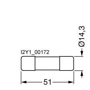 'Technische tekening van een cilindrische component; Afmetingen: Lengte 51 mm, diameter 14,3 mm. Omschrijving: I2Y1_00172.'