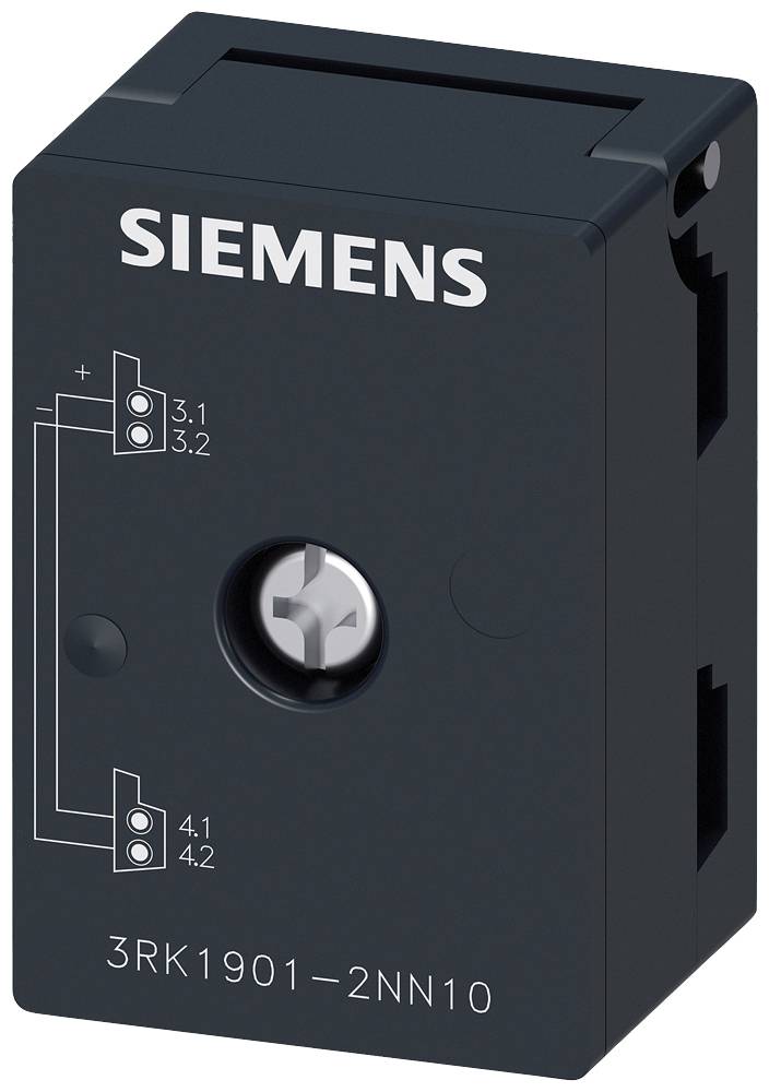 Een zwart elektrisch module met het opschrift 'SIEMENS' bovenaan. Toont bedradingsschema en modelnummer '3RK1901-2NN10' aan de voorkant.