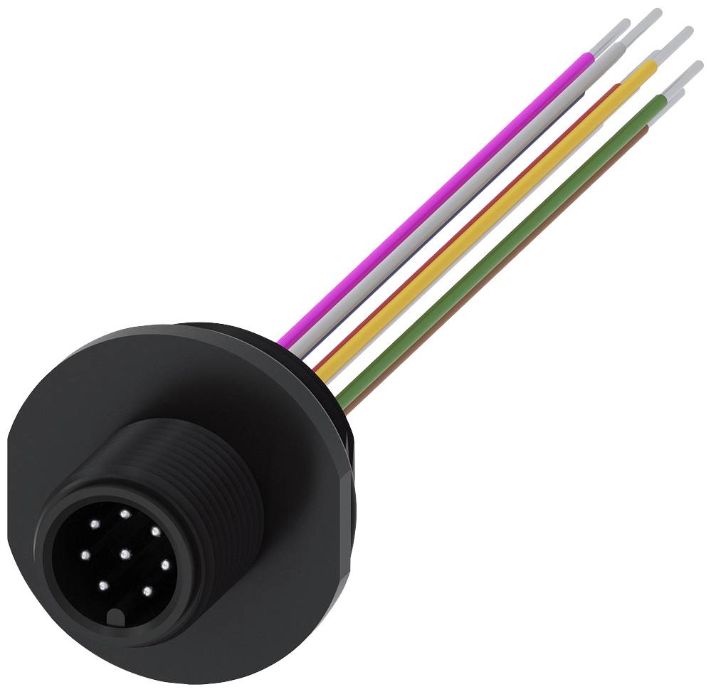 Een zwarte multipolaire stekker met zes gekleurde kabels (roze, wit, oranje, groen, bruin, grijs) op een witte achtergrond.