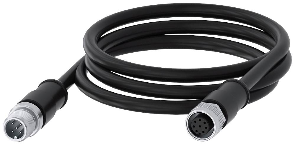 Een zwart, gewikkeld kabel met aan elke kant een ronde stekker; vier pinnen op de ene stekker, en meerdere gaten aan de andere kant.