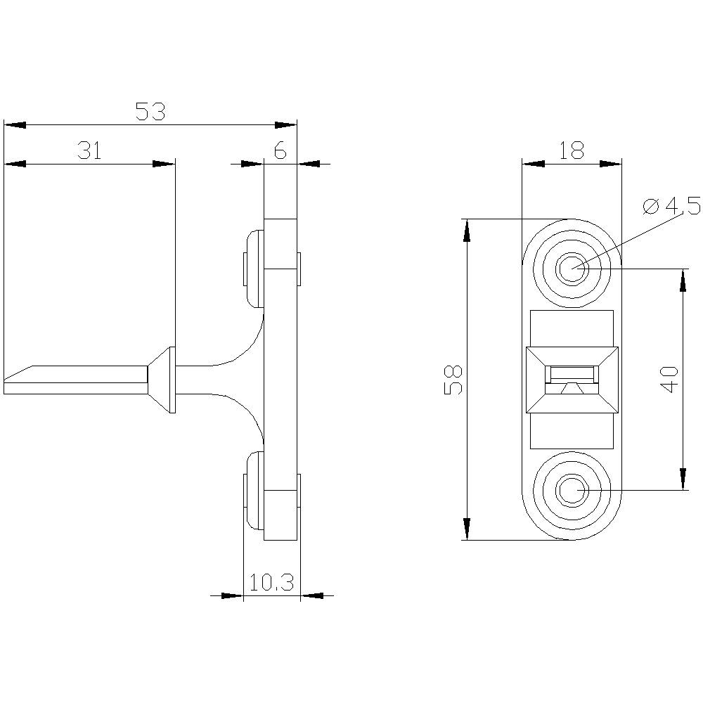 Technische tekening van een deurslot met afmetingen: 53 mm lengte, 58 mm hoogte, 6 mm dikte; schroefgaten Ø 4,5 mm.