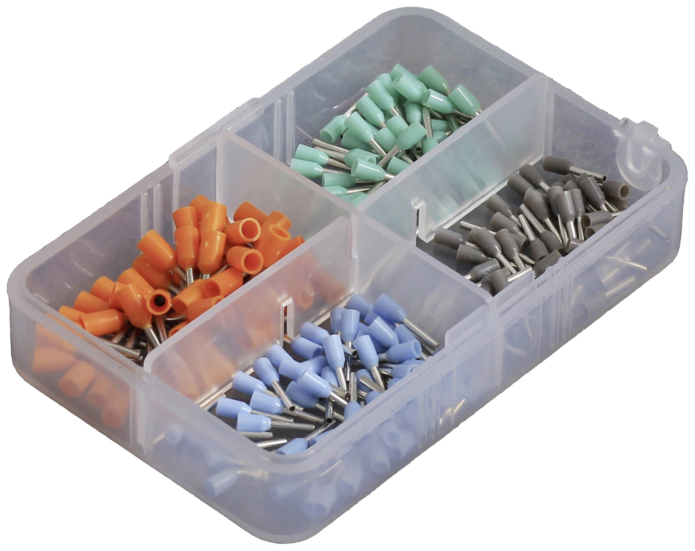 Een transparante kunststof container met vier compartimenten, gevuld met gekleurde paperclips: oranje, blauw, groen en grijs.