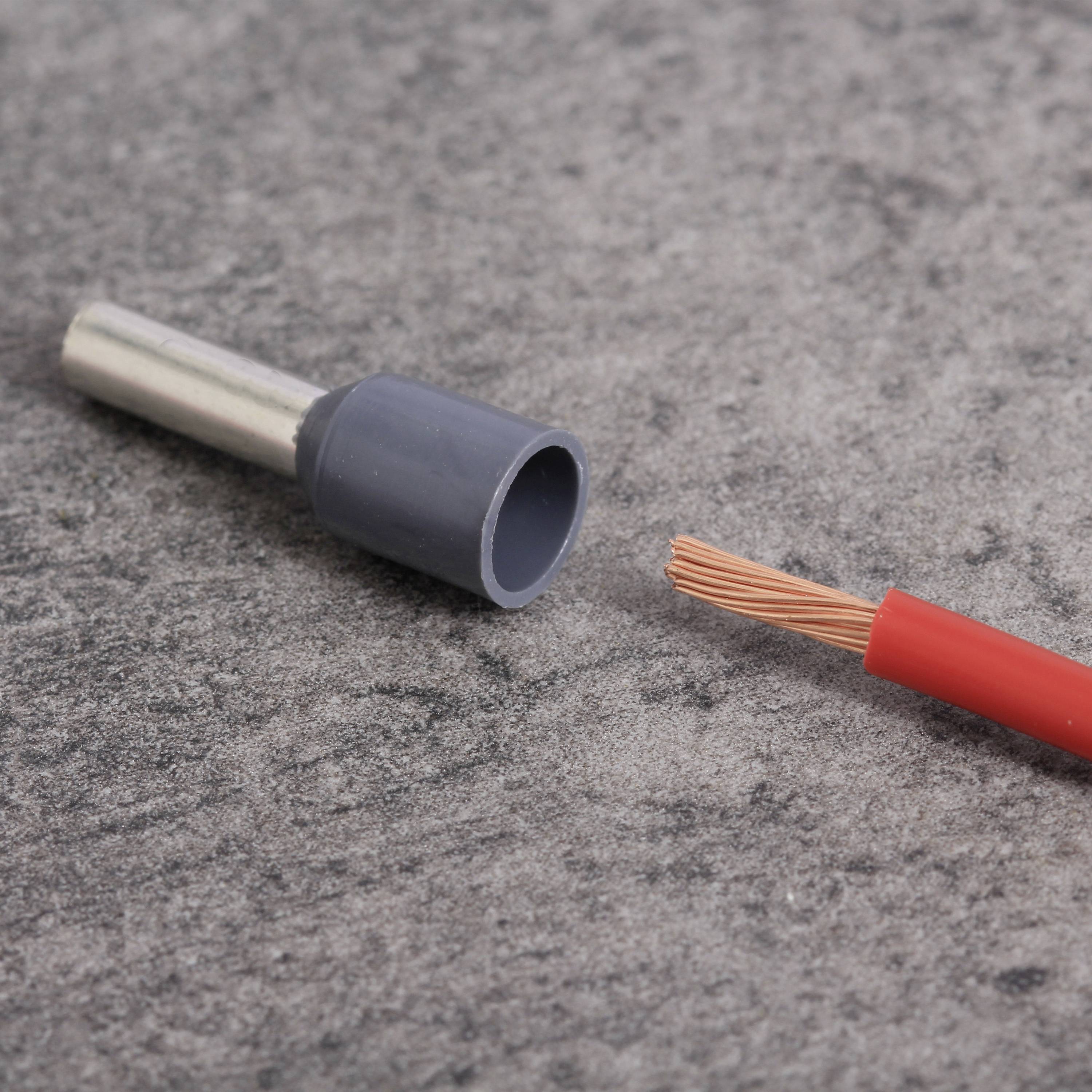 Een rode leiderklem naast een gestript kabel op een grijze achtergrond. Toont de verbindingsoplossing voor elektrische leidingen.