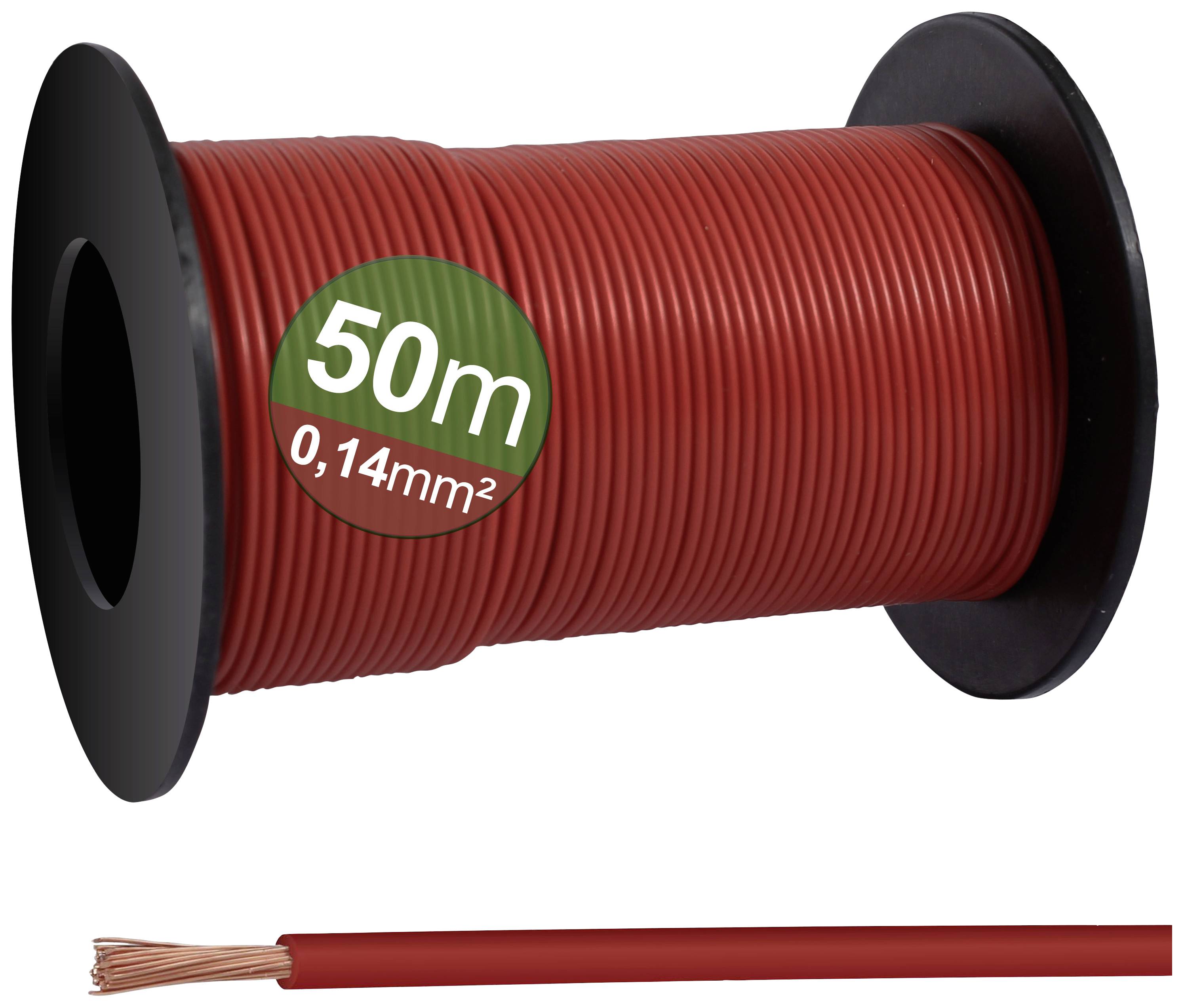 Rol met 50 meter rood geïsoleerde koperdraad, doorsnede 0,14 vierkante millimeter, op een zwarte spoelkern.