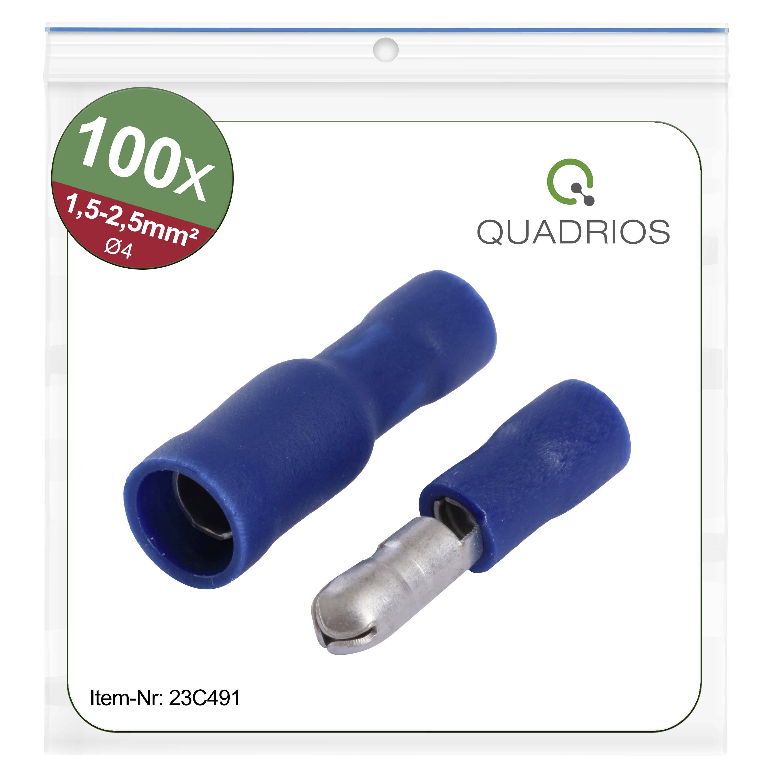 Een plastic verpakking met 100 blauwe kabelschoenen, geschikt voor 1,5-2,5mm² kabels. Merk 'QUADRIOS'. Artikelnummer: 23C491.