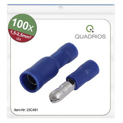 Een plastic verpakking met 100 blauwe kabelschoenen, geschikt voor 1,5-2,5mm² kabels. Merk 'QUADRIOS'. Artikelnummer: 23C491.
