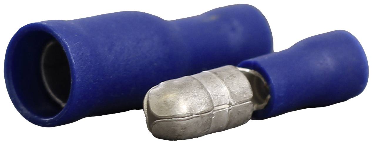 Een blauwe geïsoleerde kabelstekker met metalen contactpunt is gedeeltelijk opengetrokken, waarbij de constructie van de connector zichtbaar wordt.