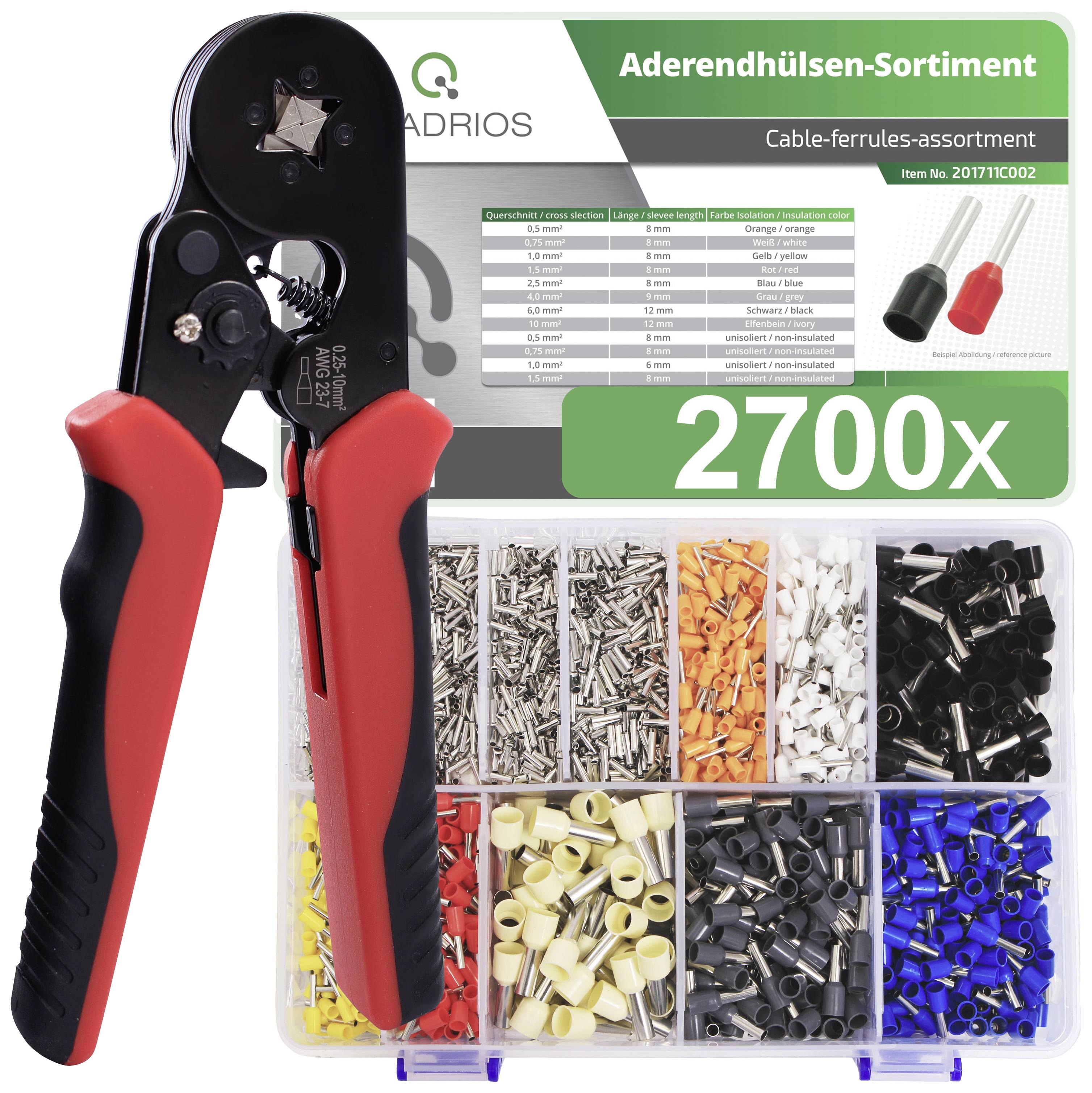 Een set bestaande uit een krimptang en een assortiment adereindhulzen in verschillende kleuren en maten, in totaal 2700 stuks.