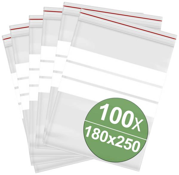 Hersluitbare zak met etiketstrook (b x h) 180 mm x 250 mm Transparant Polyethyleen 100 stuk(s)