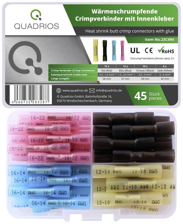 Quadrios 23C494 Stootverbinder Met krimpkous 0.5 mm² 6 mm² Volledig geïsoleerd Rood, Blauw, Zwart, Geel 45 stuk(s) Box