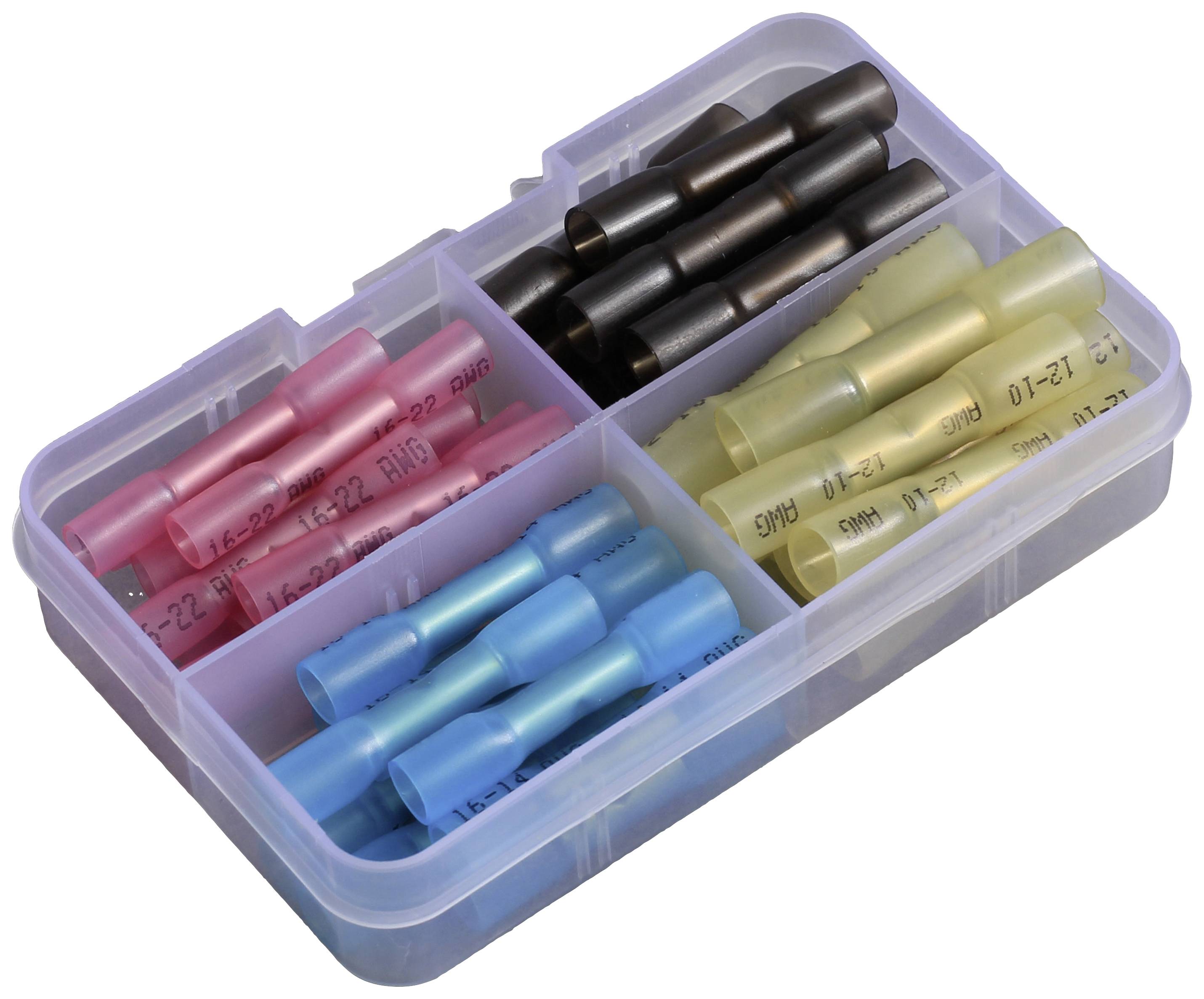 Assortiment van geïsoleerde kabelverbinders in een kunststof doos. Bevat rode, blauwe, zwarte en gele verbindingen, gerangschikt in vakken.