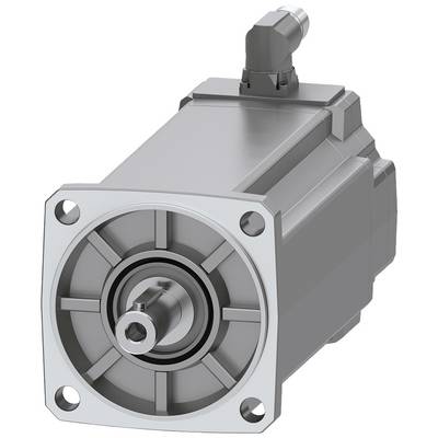 Een grijze elektromotor met een rechthoekige behuizing en vier schroeven op de hoeken van de frontplaat. Bovenaan een haaks aansluitstuk.