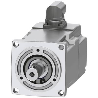 Een zilveren, rechthoekige elektromotor met een ronde aansluiting en draaiende as, monteerbaar door middel van vier bevestigingsgaten aan de frontplaat.