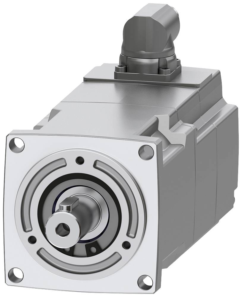 Een grijze elektromotor met een rechthoekige behuizing en een ronde voorzijde. Bovenaan bevindt zich een aansluiting waaruit kabels worden gevoerd.