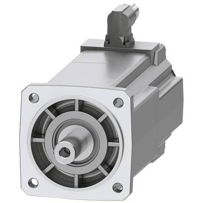Een zilveren elektromotor met een vierkante vooraanzicht en een centrale asuitsparing. Bovenaan bevindt zich een elektrische aansluiting.