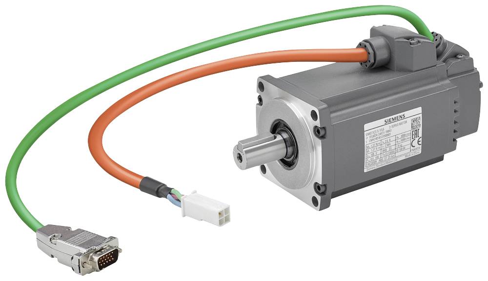 Elektromotor met twee kabels, een oranje en een groene. Geschikt voor industriële toepassingen met technische specificatie.