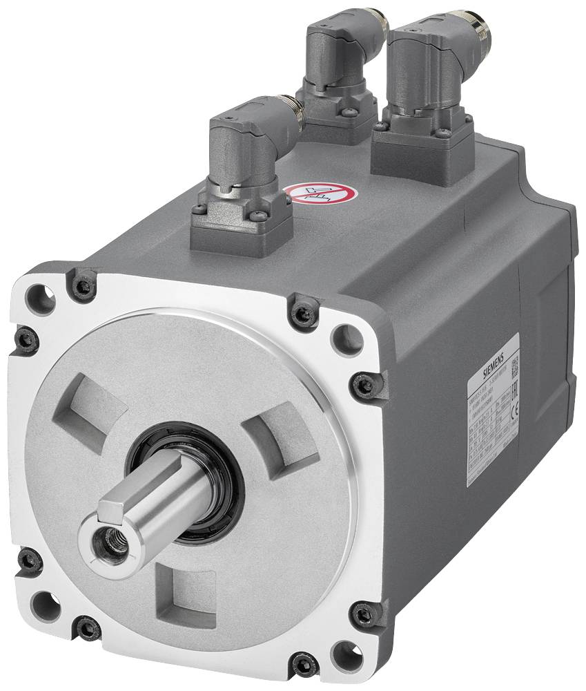 Industriële servomotor met rechthoekige behuizing, ronde voorkant en drie elektrische aansluitingen aan de bovenzijde.