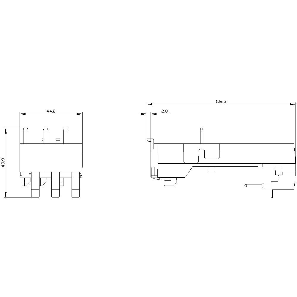 Technische tekening van een elektronisch onderdeel met afmetingen in millimeters: 44,8 mm breedte, 49,3 mm hoogte, 106,3 mm lengte.
