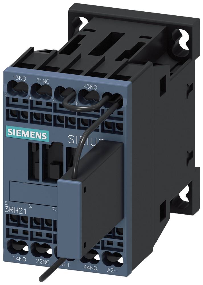 Een elektrisch relais van Siemens uit de Sirius-serie. Het toont meerdere aansluitingen aan de voorzijde en draagt het modelnummer 3RH21.
