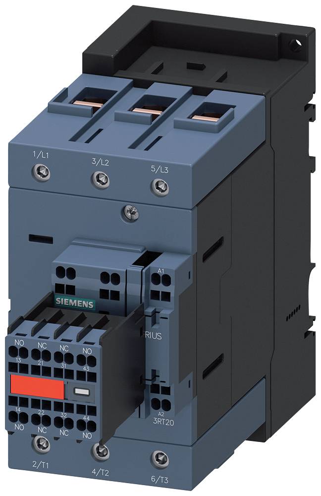 Een blauwe driepolige magneetschakelaar van Siemens met verschillende aansluitingen en een zwart beschermbehuizing.
