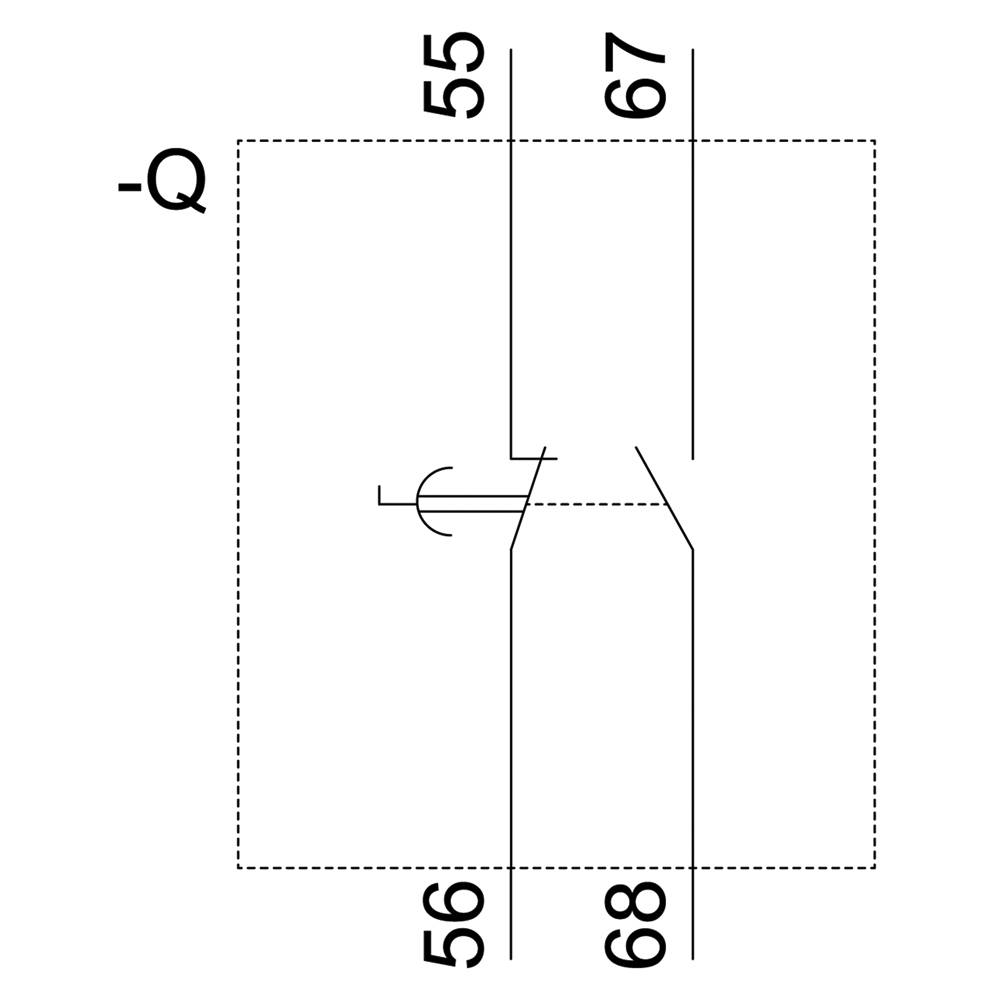 Technische tekening van een schakeling: lijnen en cirkels met labels '55', '67', '56', '68' en 'Q'.