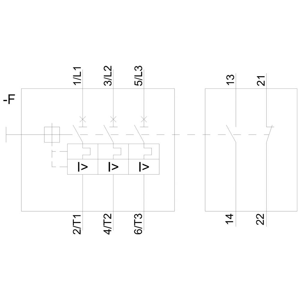 'Schakelschema van een stroomvoorziening met schakelaars en zekeringen. Links: stroomkron, rechts: verbruikersaansluiting met aansluitklemmen 13, 14, 21, 22.'