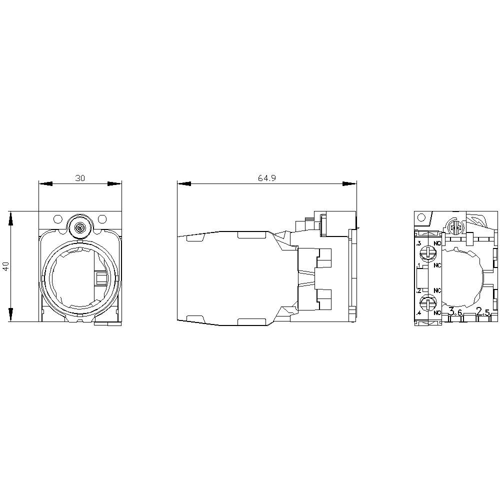 Technische tekening van een rechthoekig elektromechanisch onderdeel met afmetingen 30x64,9x40 mm, toont vooraanzicht, zijaanzicht en bovenaanzicht.