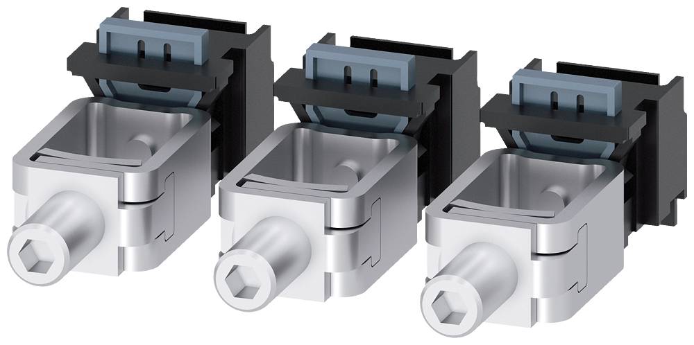 Drie metalen aansluitstekkers op een rij. Elke connector heeft een zeshoekige aansluitopening en een blauwe kunststof clip bovenaan.