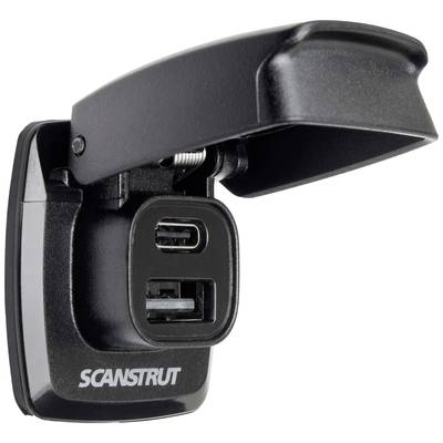 Een zwarte stekkerdoos-adapter met USB- en USB-C-poorten, geschikt voor wandmontage. De afdekking beschermt de aansluitingen.