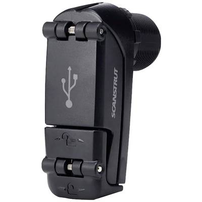 Zwarte USB-aansluiting van Scanstrut met beschermende klep, geschikt voor gebruik in maritieme omgevingen.