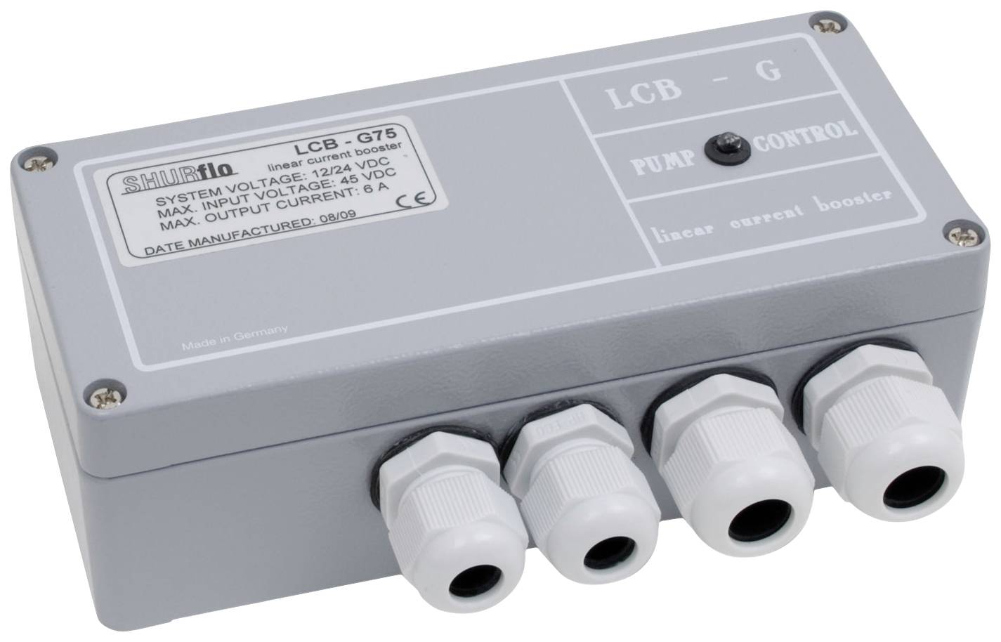 Behuizing met vier kabelwartels, gemerkt met 'Pump Control LCB-G', toont technische specificaties voor spanning en stroomsterkte.