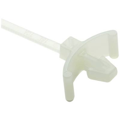 Een witte kabelbinder met een gebogen sluiting, geschikt voor tijdelijke bevestiging of bundeling van kabels.