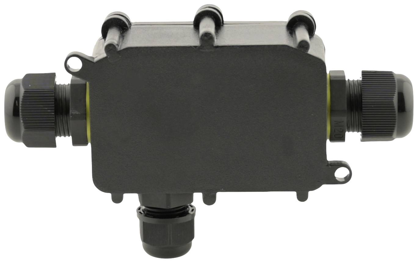 Een zwarte elektrische verdeelkast met drie kabelwartels, geschikt voor buitengebruik.