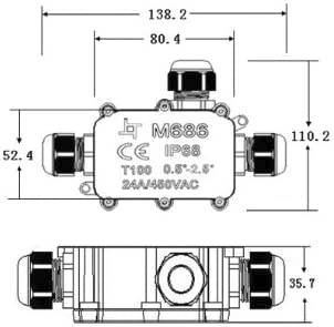 Technische tekening van een M688 aansluitdoos met de afmetingen: breedte 138,2, hoogte 110,2, diepte 52,4. Beschermingsgraad IP68, spanning 24A/480VAC.