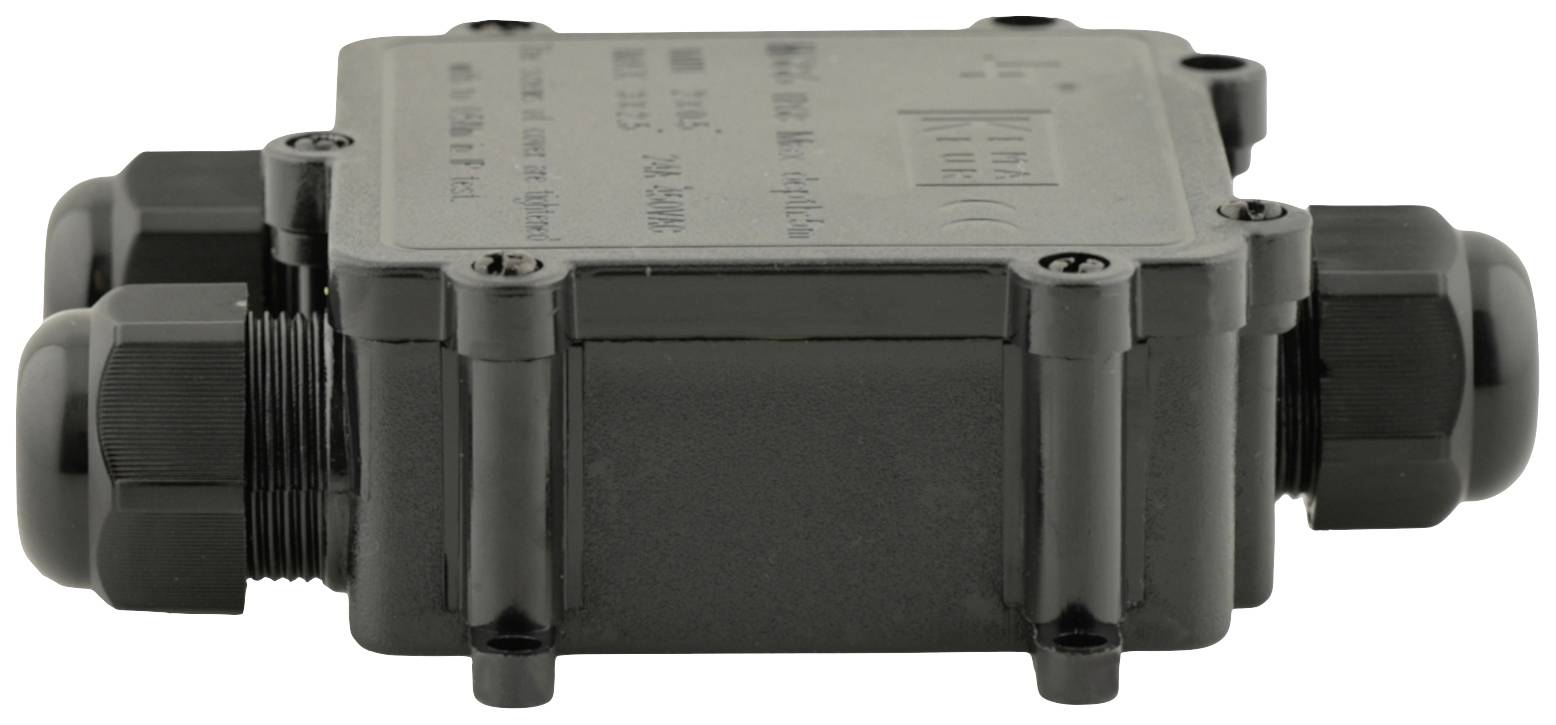 Zwarte, rechthoekige aansluitdoos met drie kabelwartels, gebruikt voor het verbinden van elektrische leidingen.