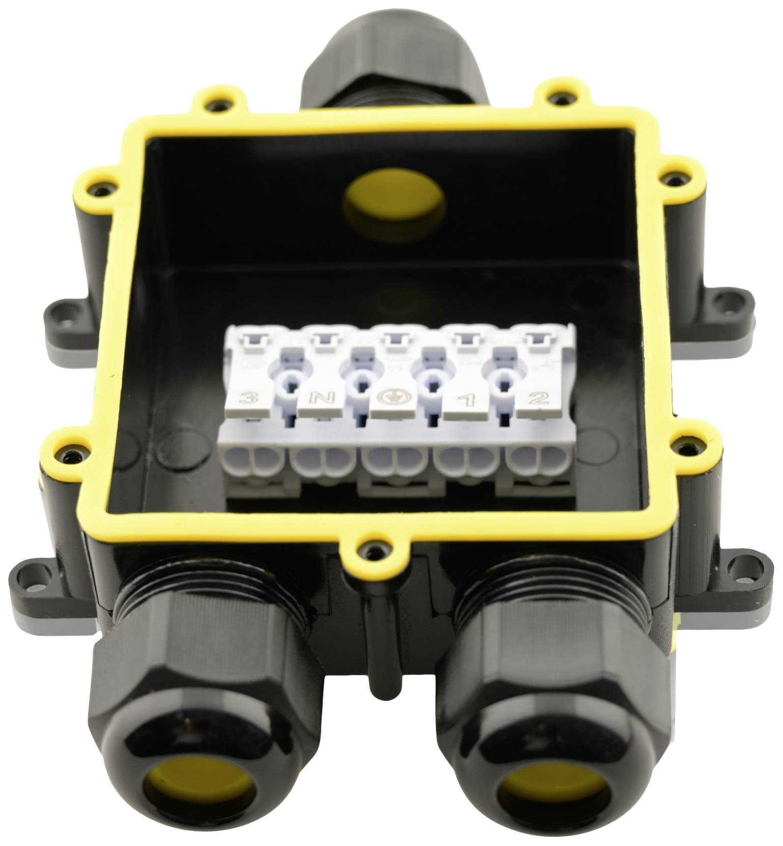Zwarte verbindingsdoos met gele afdekrand, geopend. Aan de binnenkant bevinden zich genummerde aansluitklemmen voor elektrische bedrading.