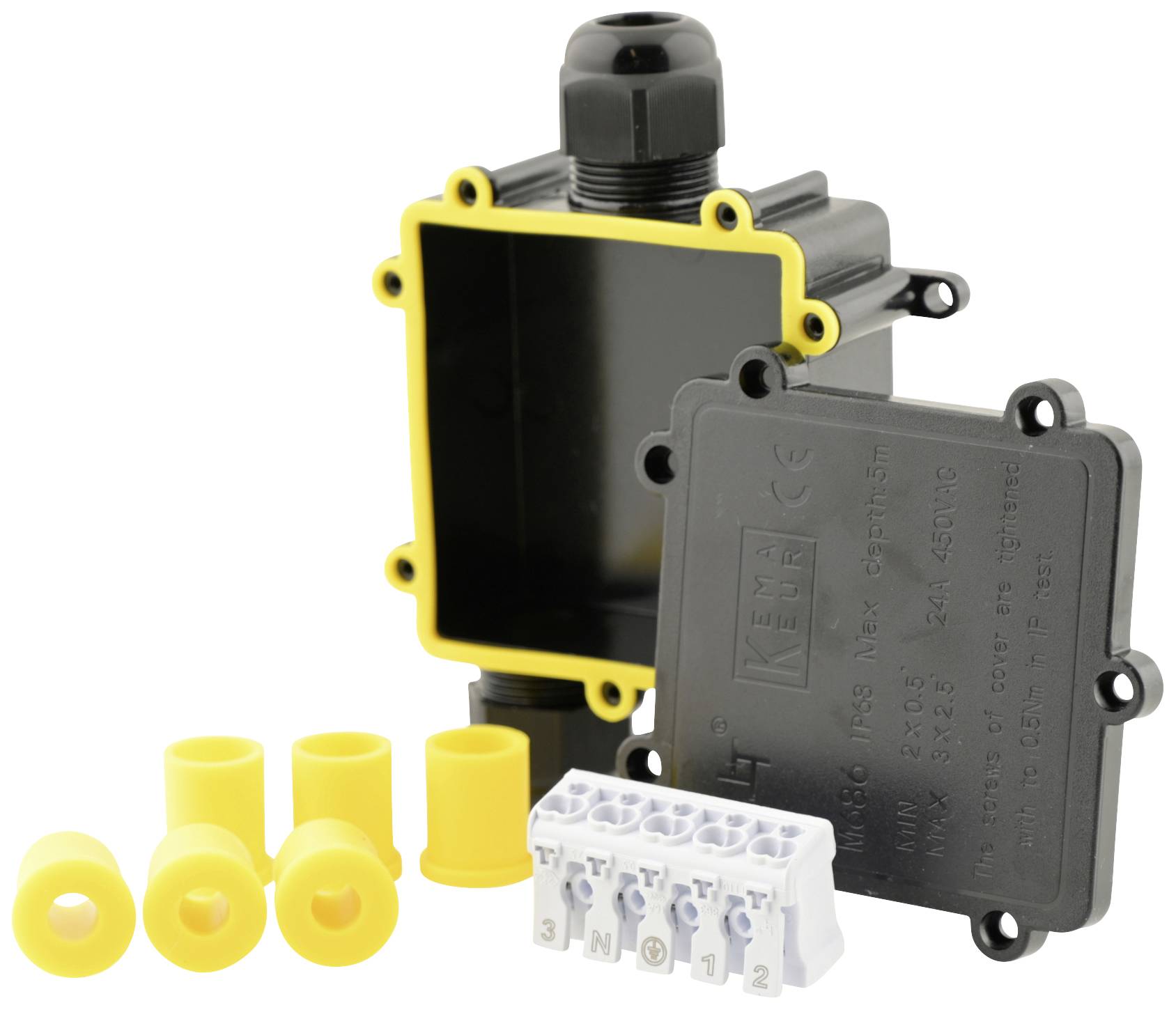 Elektrische verbindingsdoos van zwart kunststof met afneembare afdekking, gele afdichtingen en aansluitblok voor kabelverbindingen.