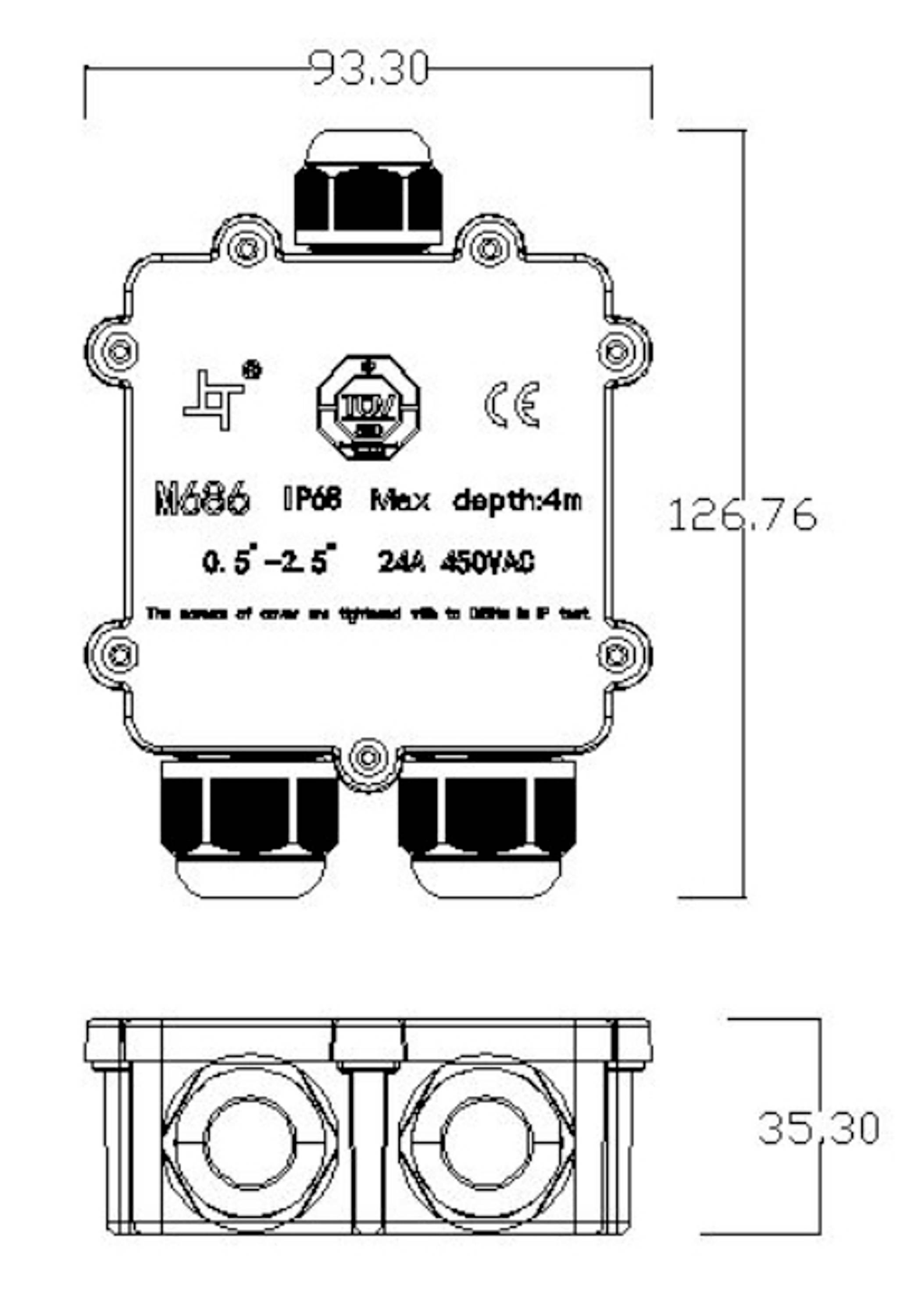 Elektrische aansluitbehuizing met IP68-bescherming, max. onderdompeldiepte 4m, nominale spanning 24A 450VAC, afmetingen: 93,3 x 126,76 x 35,3 mm.