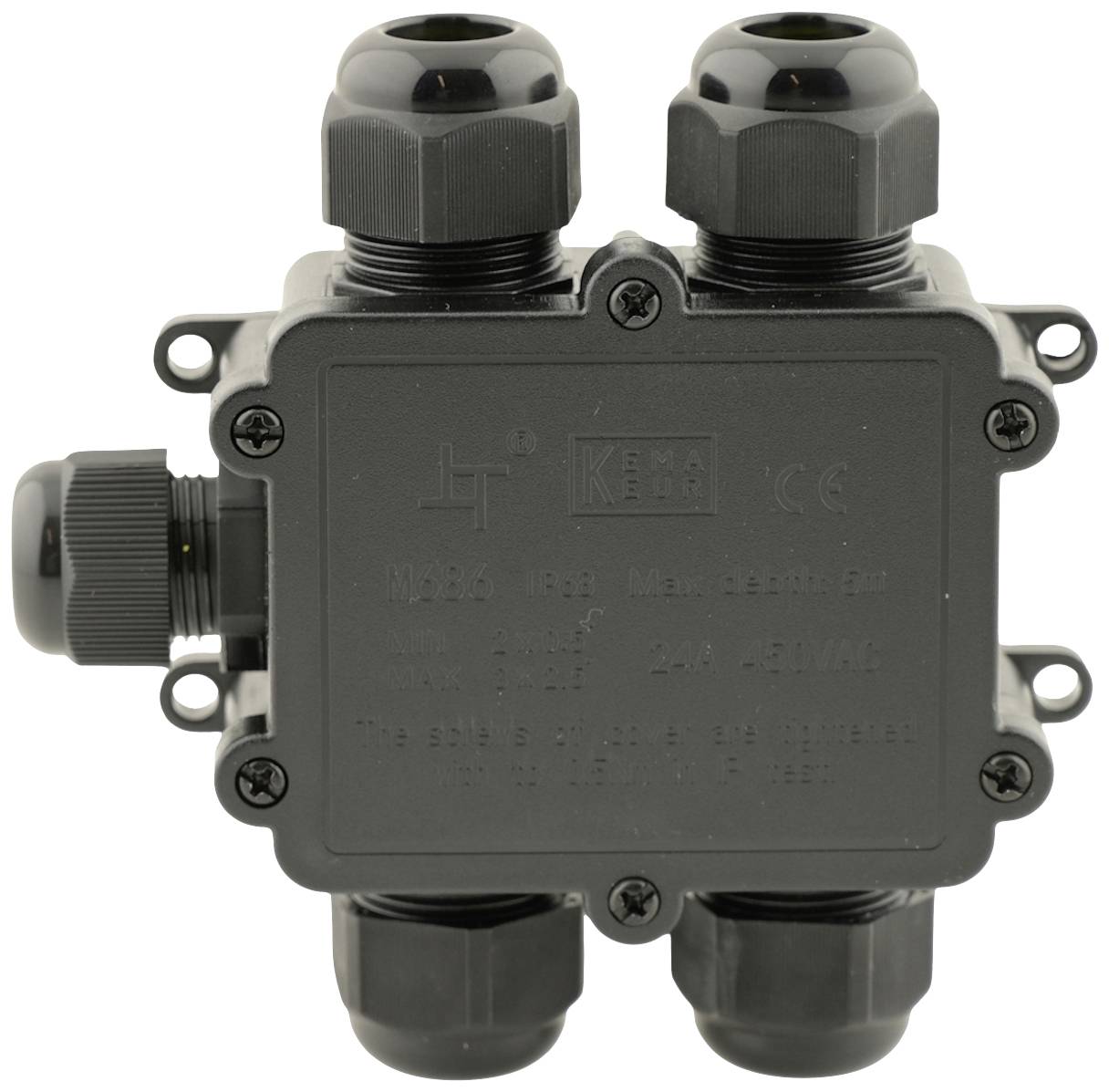 Zwarte kabelverbinder met vier kabelaansluitingen, geschikt voor veilige verbinding van elektrische leidingen in binnen- en buitenruimtes.