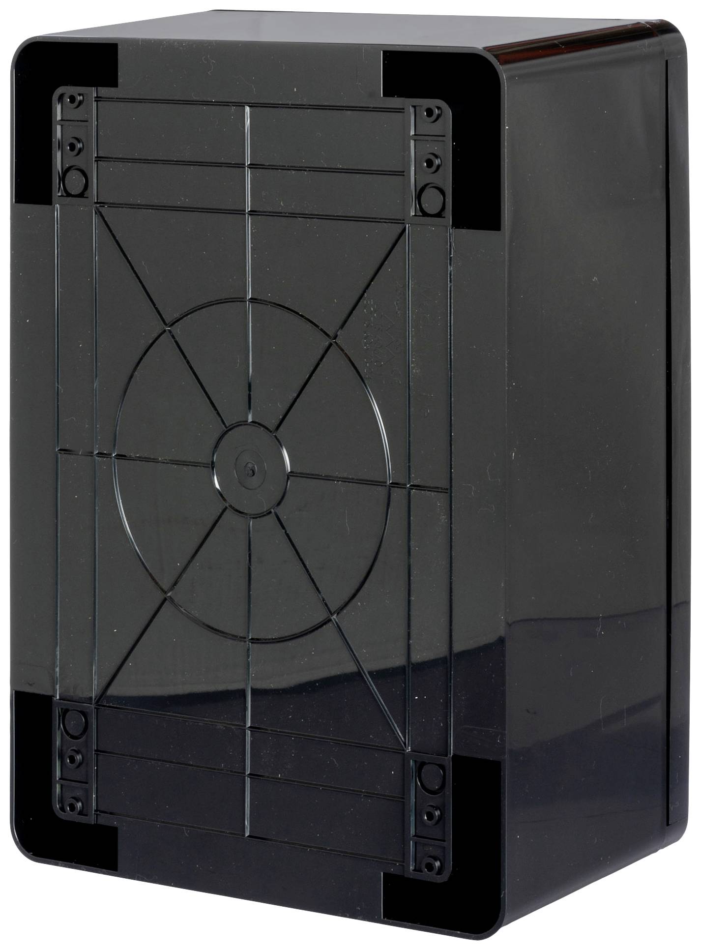 Zwarte, rechthoekige kunststof behuizingsdeksel met een cirkelvormig patroon en schroefgaten, voor technische toepassingen.