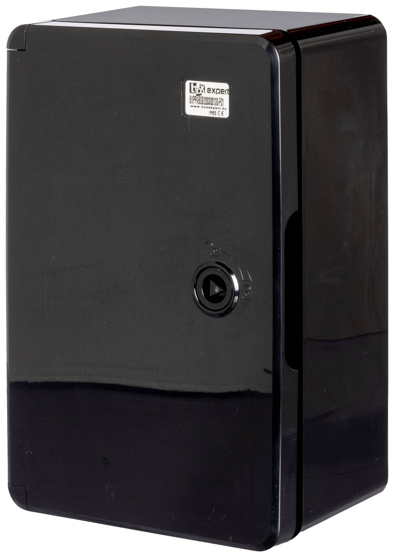 Een zwarte, rechthoekige vaatwasser met een glanzende voorkant en een centrale knop voor bediening.