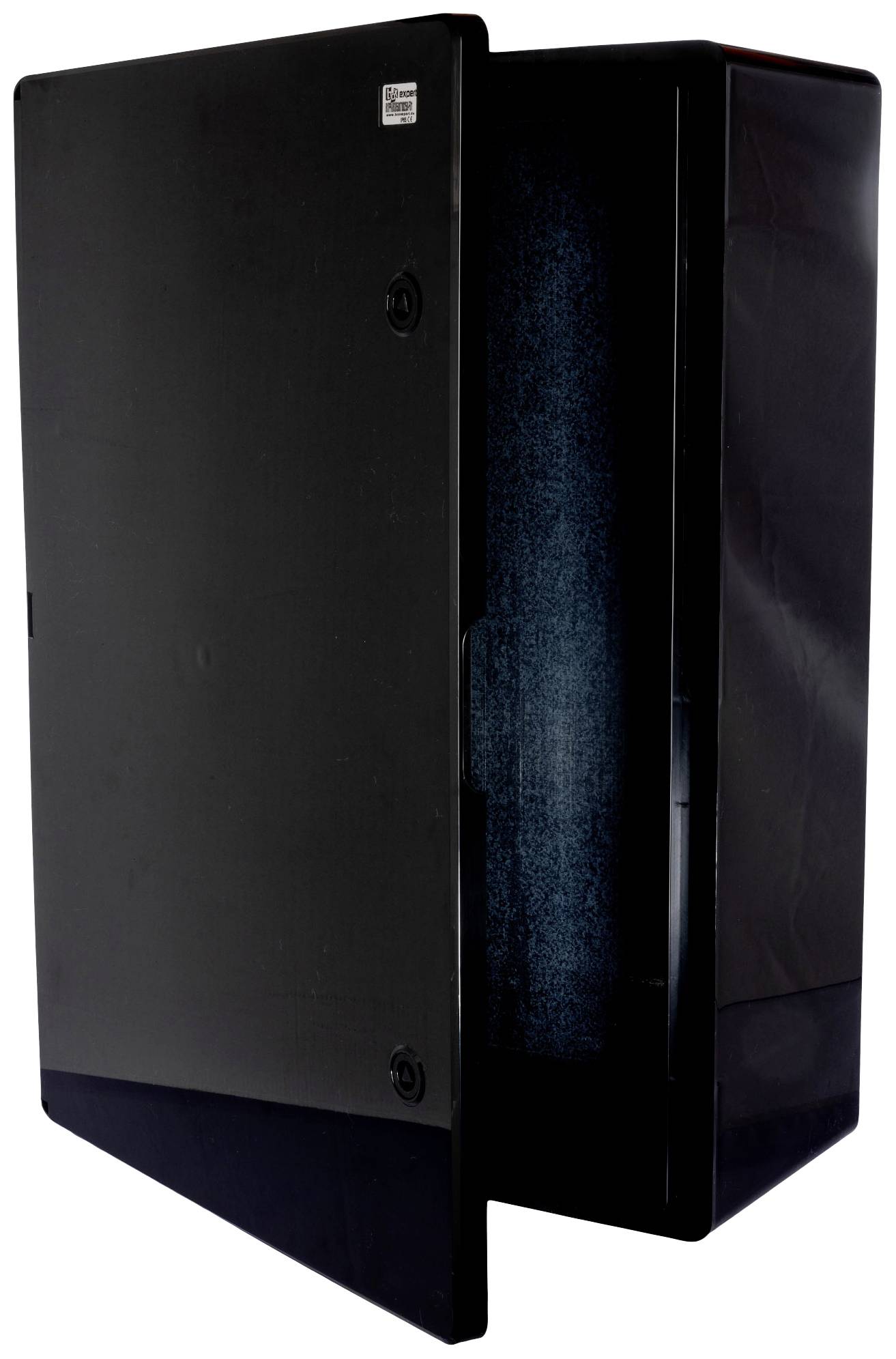 Een zwart, rechthoekig behuizing met een geopende deur die een kleine, volledig afgeschermde ruimte toont, mogelijk bedoeld voor technische of elektrotechnische doeleinden.