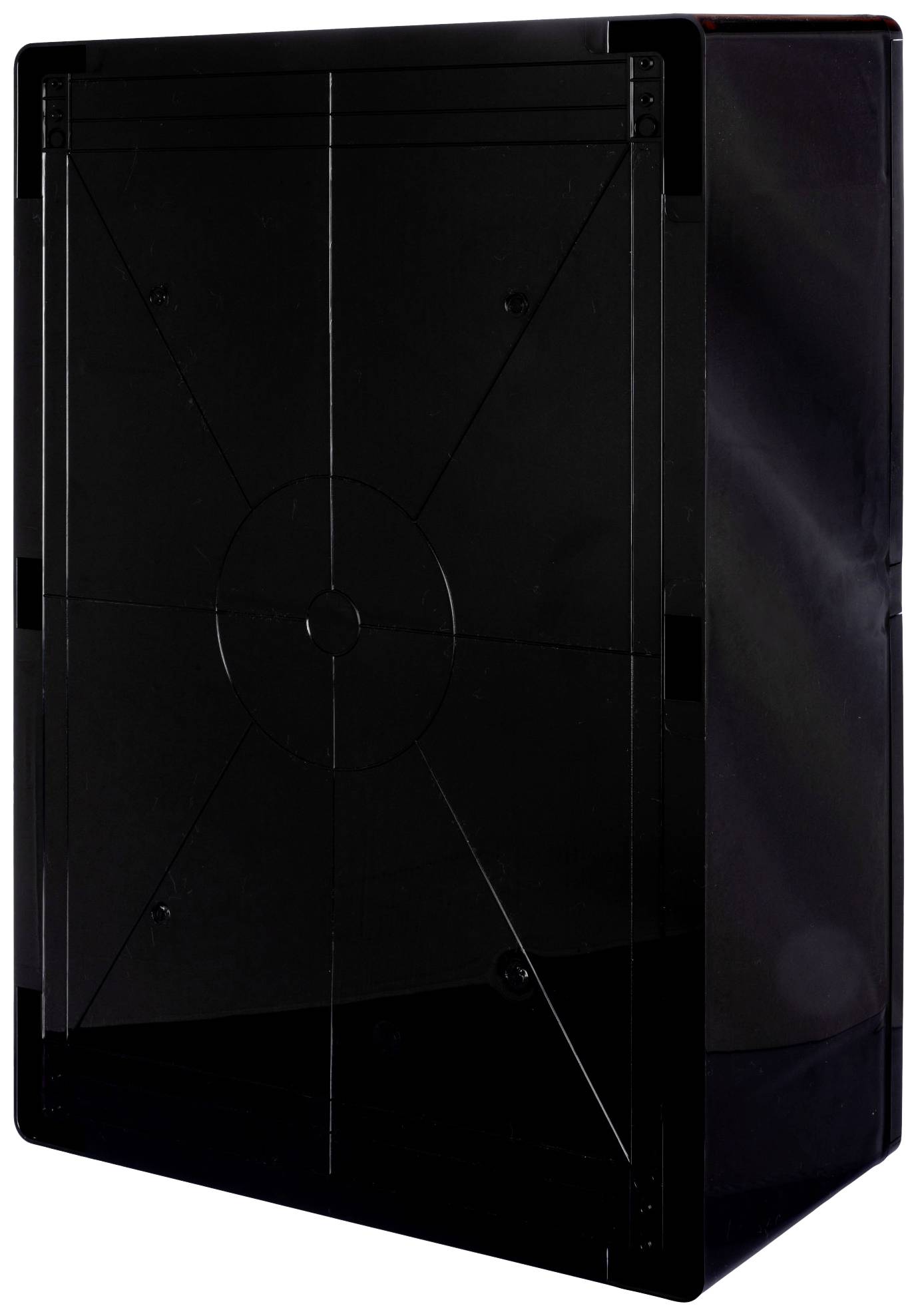 Zwart, rechthoekig behuizing met een gladde oppervlakte, mogelijk een elektronisch onderdeel of apparaatcomponent zonder zichtbare logo's of openingen.