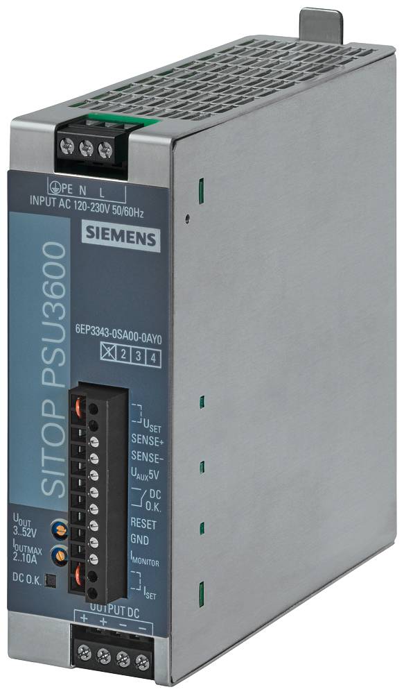 'Siemens SITOP PSU3600 Voedingseenheid; Ingang: 120–230V AC; Uitgang: 24V DC, 10A; robuuste behuizing. Geschikt voor industriële toepassingen.'