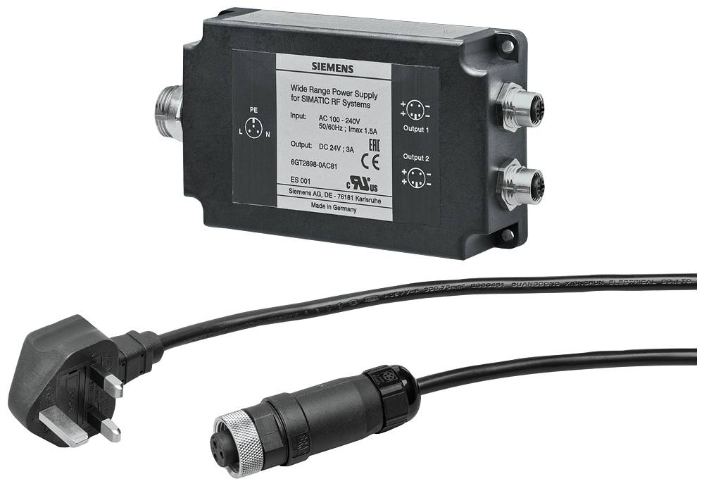 'Verreikende stroomvoorziening voor SIMATIC RF-systemen' met twee uitgangsklemmen en een apart netvoedingssnoer.