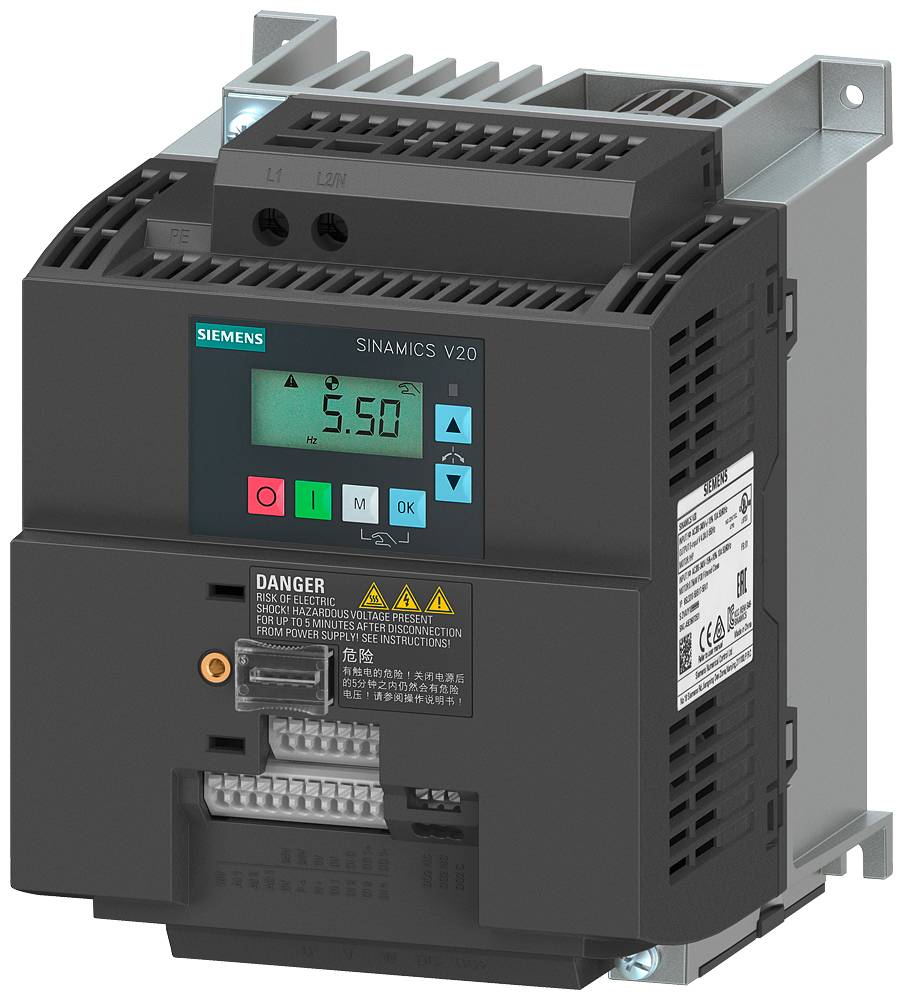 'Siemens SINAMICS V20' frequentieomvormer, vooraanzicht, toont digitaal display met weergave '5.50', knoppen en waarschuwingsindicaties.