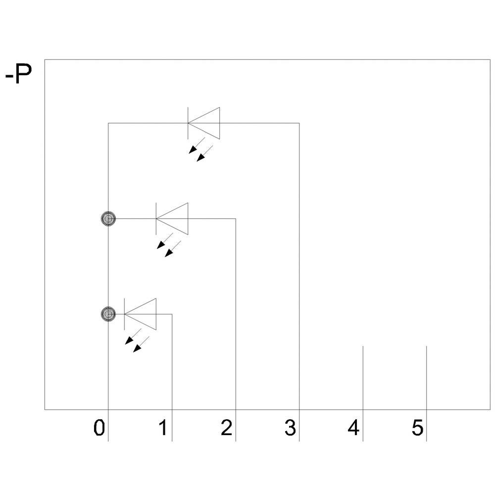 'Elektronische schakeltekening met drie dioden op volgorde op een printplaat, verbonden met punten bij de getallen 0 en 1.'
